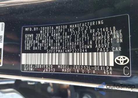 2021 Toyota Corolla Le from USA, damaged, VIN 5YFEPMAE4MP227044